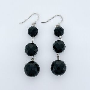 Vintage Silver Tone 6cm Faceted Black Glass Bead Dangle Earrings